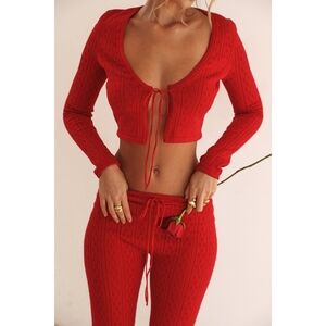 HOUSE OF CB Perla Cherry Pointelle Knit Top + Abigail Capri Trouser Red Set